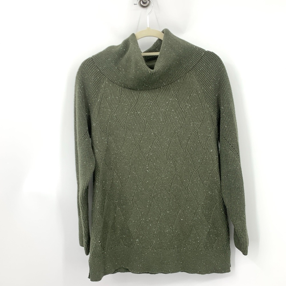 Talbots Women Size Medium Sweater Green Cotton Knit Pullover Top Cowl Neck Tunic